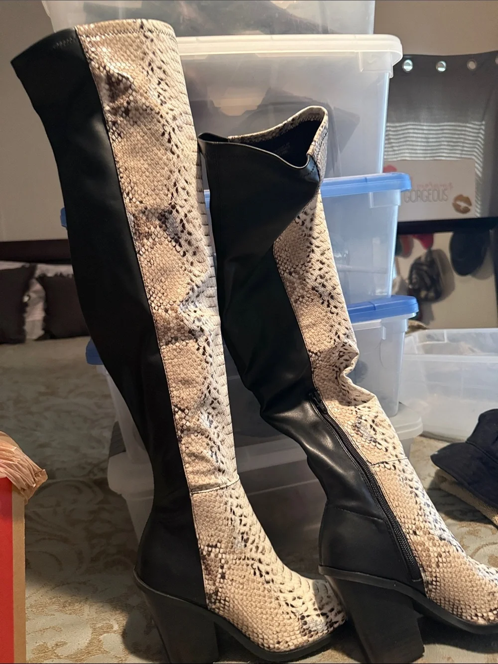 Steve Madden Black and Beige Snake-Print Over-the-Knee Boots